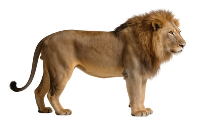 Majestic male lion with full mane standing profile view, isolated on transparent background © Sean