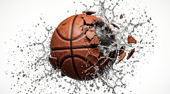 burning basketball on cracked icy surface with smoke and frost
