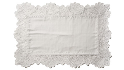 White embroidered linen placemat with decorative lace trim, isolated on transparent background