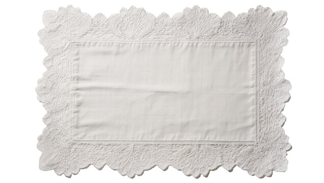 White embroidered linen placemat with decorative lace trim, isolated on transparent background