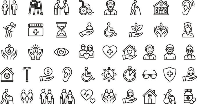 Elderly care and healthcare outline icon set for senior support nursing wellness and medical assistance