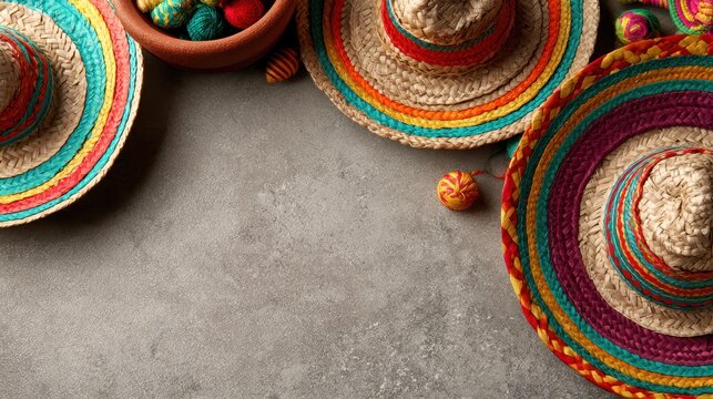 Colorful woven sombrero hats and yarn balls arranged on a textured gray surface