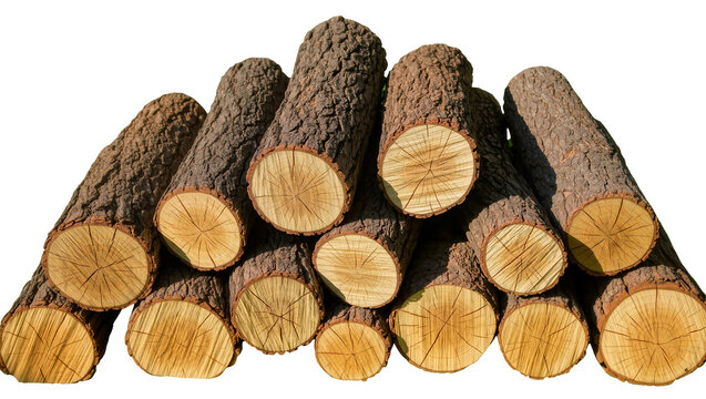 Stack of rough bark logs cut ends showing grain, isolated on transparent background