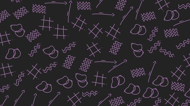 Lineart pattern with purple doodles, suitable for wallpapers, fabric prints, stationery designs, and web backgrounds. Creative and whimsical motif.