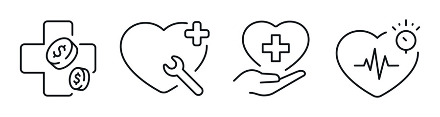Obraz premium Heart and medical icons indicating care and monitoring strip. Editable stroke