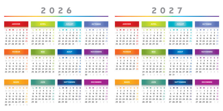 Calendrier 2026 et 2027 en Fran&ccedil;ais - Couleurs Arc-en-Ciel Format 4 Trimestres