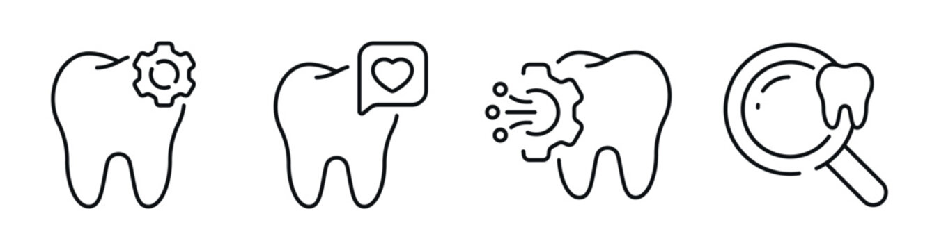 Dental icons showing tooth conditions and examination tools. Editable stroke