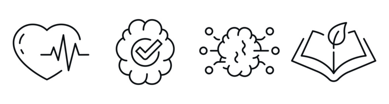 Heart pulse quality badge microbial network and leaf book icons. Editable stroke