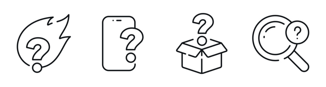 Question mark icons representing inquiry displayed on white background. Editable stroke