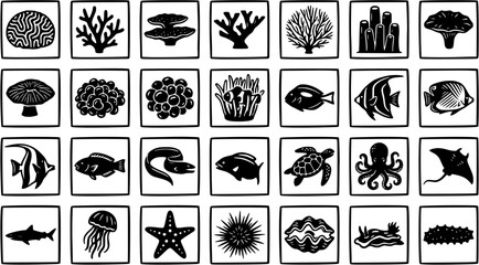 Black and White Line Art Icons of Marine Life and Corals on White Background © victoria