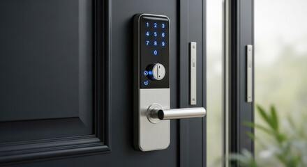 Naklejka premium Smart electronic door lock with keypad and handle mounted on a modern black door, showcasing advanced security technology and sleek design