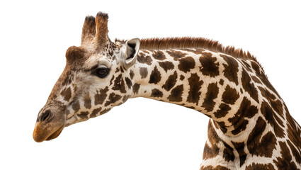 Obraz premium Detailed giraffe head and neck with brown and white patches, isolated on transparent background