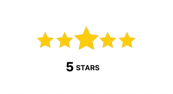 Five yellow stars arranged in a horizontal row with the text 5 stars written in white outline font below on a solid black background