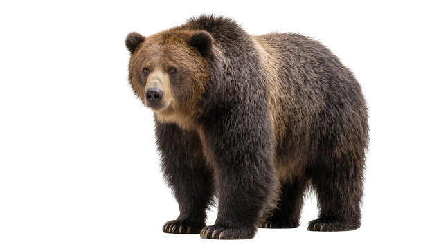 Majestic brown grizzly bear standing, isolated on transparent background