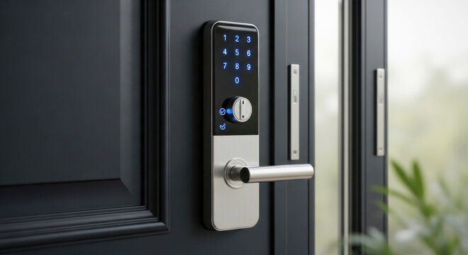 Smart electronic door lock with keypad and handle mounted on a modern black door, showcasing advanced security technology and sleek design