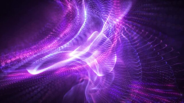 Abstract purple particle wave with glowing digital flow and futuristic energy motion. Vibrant technology background for sci-fi and motion graphics projects.