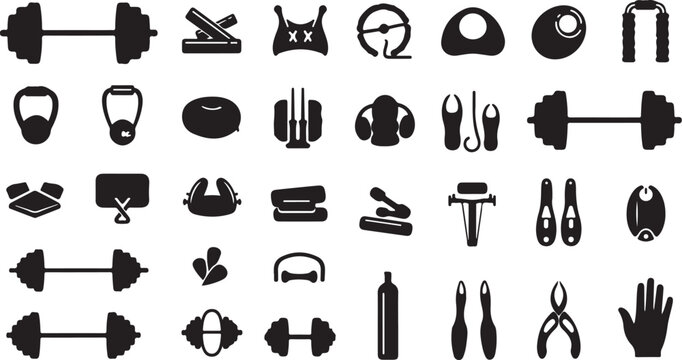 Fitness equipment and gym workout vector icons set