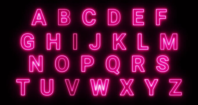 Glowing pink neon alphabet letters on dark background. Bright futuristic typography set for signs, digital design, gaming, and creative visual projects.