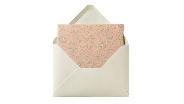 Cream envelope holding a textured pink card with floral pattern, isolated on transparent background