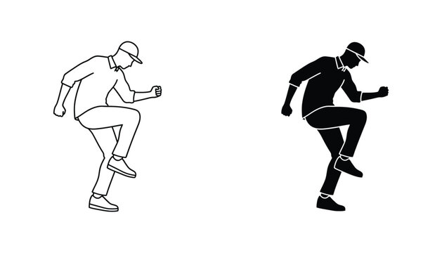 Energetic breakdancer performing a move outline and silhouette on white background