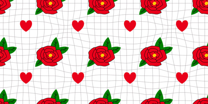Star seamless flower doodle y2k love rose goth vector pattern. This trendy floral design with a red gingham background for valentines wallpaper combines glamour and a stem motif. A black.