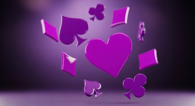 Luminous Purple 3D Card Suits Levitating in a Dramatic Spotlight.