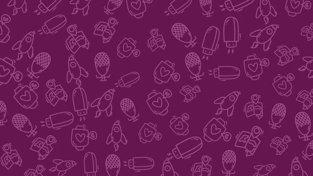 Technologythemed doodle with rockets, microphones, and hearts in a playful pattern. Suitable for kids stationery, tech blogs, and web design.