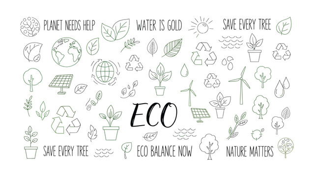 Eco-Conscious Graphics: A collection of eco-themed graphic resources showcasing essential symbols and illustrations, with keywords such as environment, sustainability, nature, and recycling.