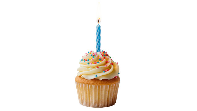 Vanilla cupcake with cream frosting and colorful sprinkles, lit blue candle isolated on transparent background