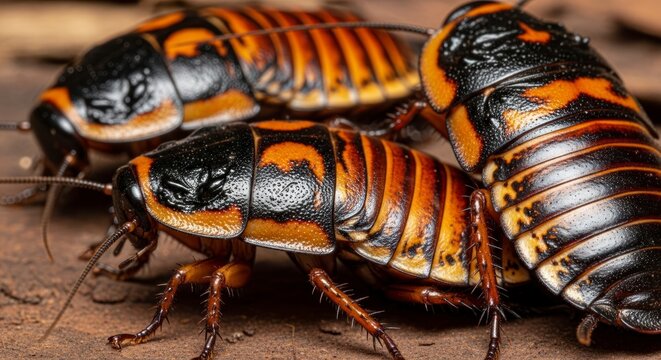 Swarm of Hissing Cockroaches - A Macro View of Vibrant Orange and Black Exoskeletons.