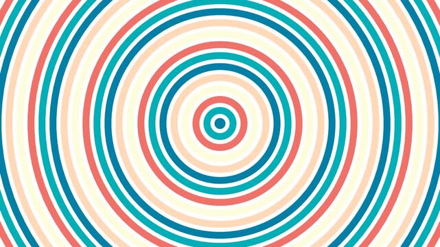 Vibrant concentric circles expanding rhythmically in a retro color palette of warm beige, soft blue, and coral orange, creating a captivating and dynamic abstract background pattern