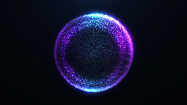 Glowing purple and blue particle sphere on dark background with futuristic energy effect. Abstract sci-fi visual for technology and motion graphics projects.