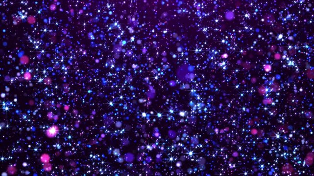Sparkling purple and blue glitter particles with glowing star lights. Magical abstract background for festive visuals, fantasy themes, and motion graphics.
