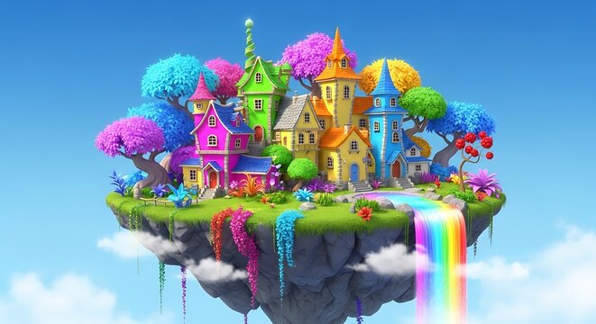 Magical floating island with colorful fantasy castle and rainbow waterfall.