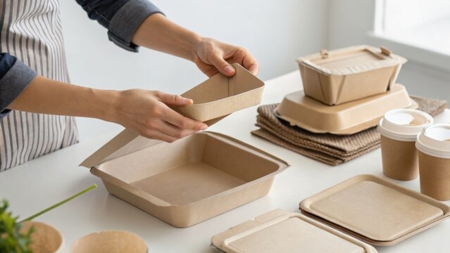 A person assembling eco-friendly, biodegradable food containers on a table, surrounded by disposable cups and lids in a bright, clean environment.