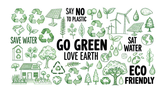 Eco-Friendly Elements: Hand-drawn doodles showcase a range of eco-friendly elements. Embracing sustainability, this artwork inspires environmental consciousness and promotes a greener future.