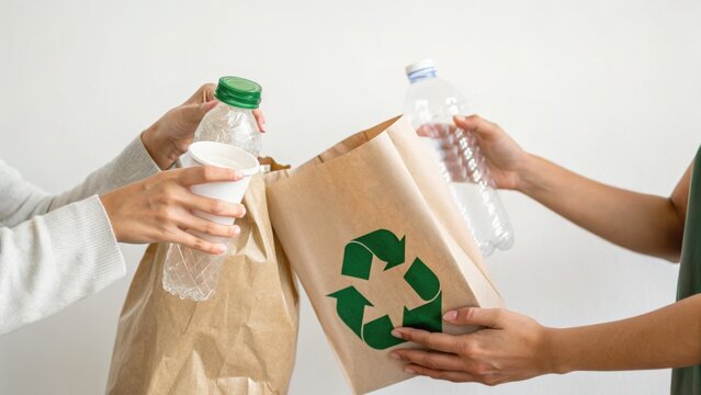 Two people are placing plastic bottles into a brown paper recycling bag with a green recycling symbol on it.