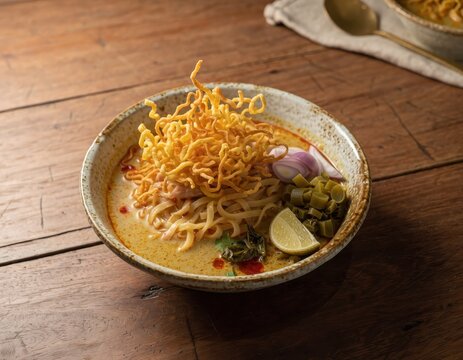 Khao soi Thai northern curry noodle soup in ceramic bowl with crispy noodles shallot and lime on wooden table