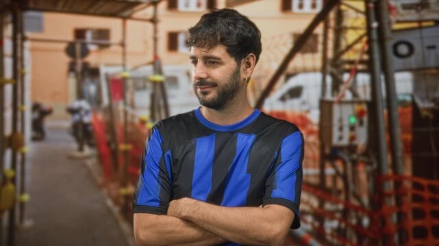 Young hispanic man with beard in blue football shirt and team jersey, arms crossed and pouting while standing by construction scaffolding on a street; disappointment.