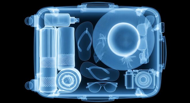 X-ray view of a suitcase revealing travel essentials, including camera, sunglasses, and sunscreen.