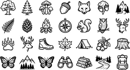 Black and White Hand Drawn Nature Icons Set for Outdoor Camping and Wilderness Adventure  Line Art Wildlife and Forest Elements Collection © victoria