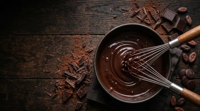 world chocolate day background with melted chocolate and whisk