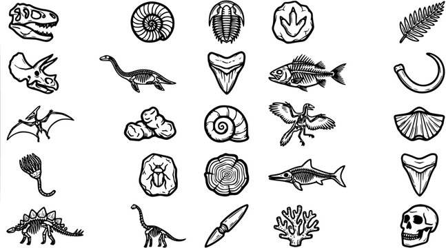 Black and White Line Art Icons of Dinosaur Fossils and Prehistoric Life on White Background