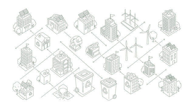 Eco-friendly City Network: A detailed illustration shows the interconnectedness of eco-conscious architecture, from initial design to end-of-life recycling