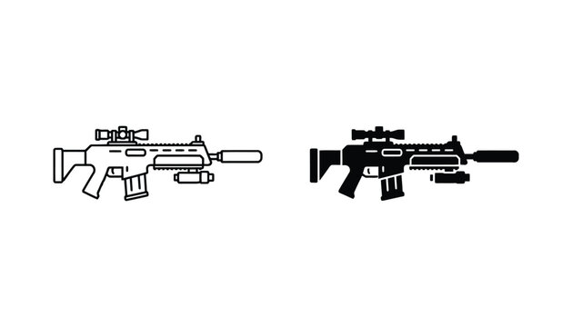 Tactical assault rifle with suppressor and scope icon in line art and solid black silhouette for military gear