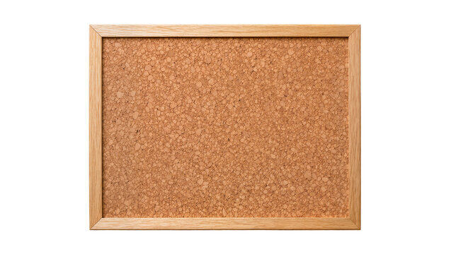 Rectangular cork board with light wood frame, isolated on transparent background