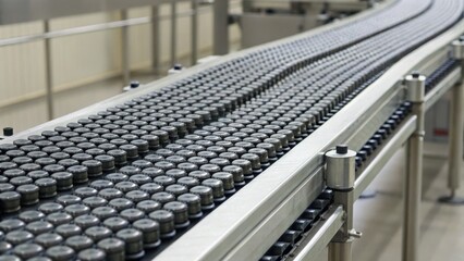 Naklejka premium An automated production line filled with rows of glass bottles moving on a conveyor belt inside a factory setting.