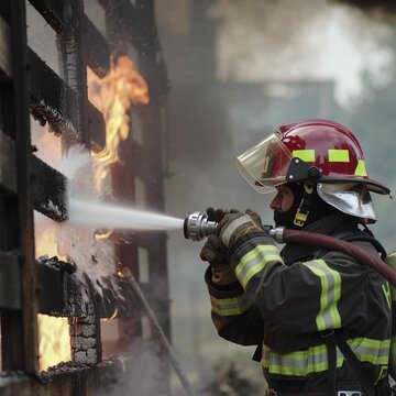 African american man firefighter dousing flames with water hose from side view. Fire suppression and safety concept.