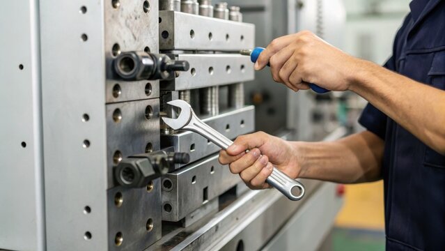 Man using wrench and screwdriver to adjust metal machinery in an industrial setting, demonstrating mechanical maintenance and repair work.