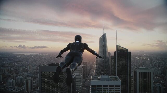 Man flying over a modern city at colorful sunset. Digital superhero in futuristic suit hovering above skyscrapers. Freedom and adventure concept.
